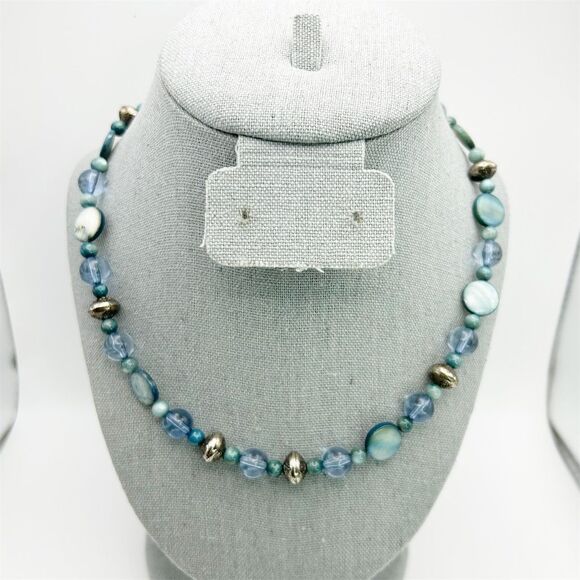 Vintage Jewelry - Vintage Frosted Pale Blue Opalite-Style Glass Beaded Short Necklace 18"